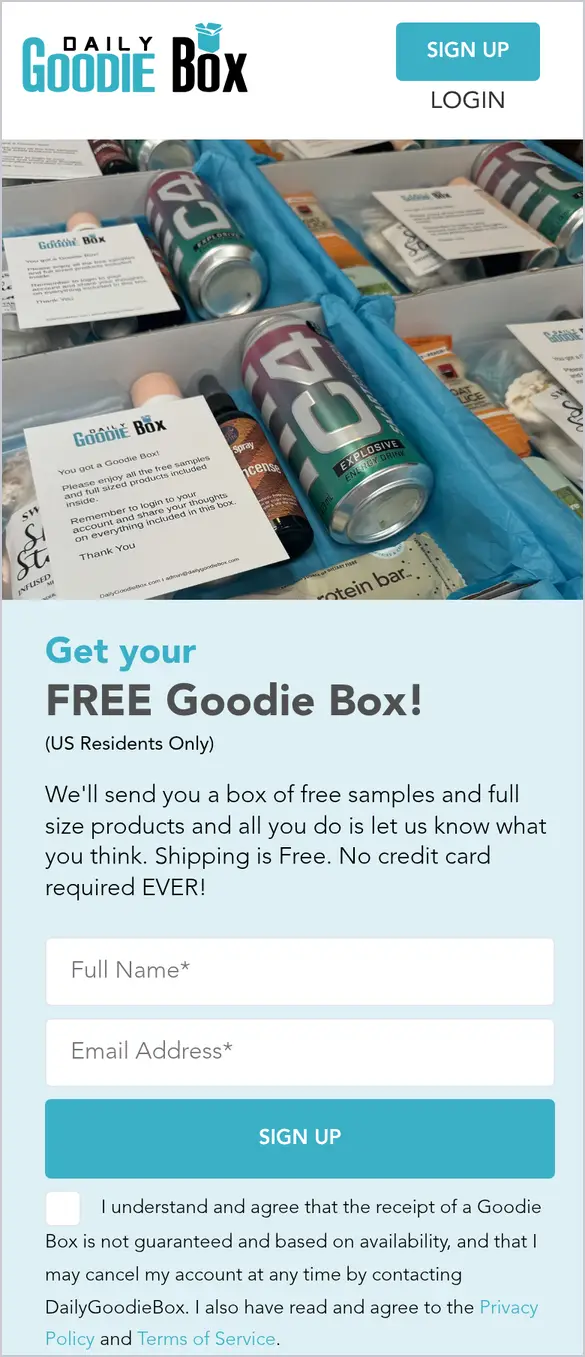 Daily Goodie Box homepage on a phone: Get your free Goodie Box, US residents only, sign-up form and a checkbox saying a box is not guaranteed